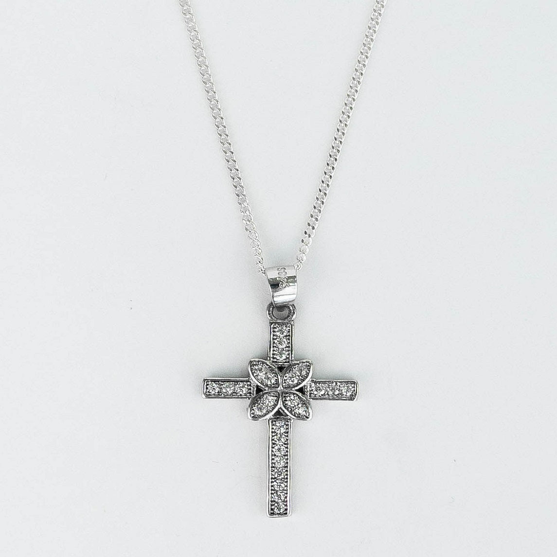 CADENA PANCER Y DIJE CRUZ MANTA CIRCONES PLATA