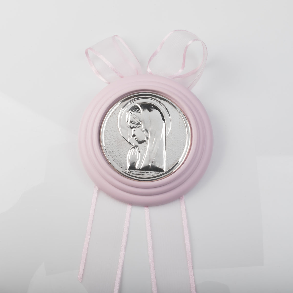 MEDALLA DE CUNA VIRGEN RESO ROSADA PLATA
