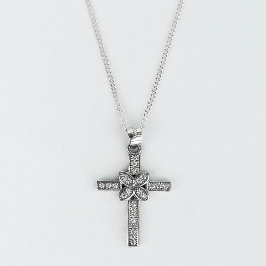 CADENA PANCER Y DIJE CRUZ MANTA CIRCONES PLATA